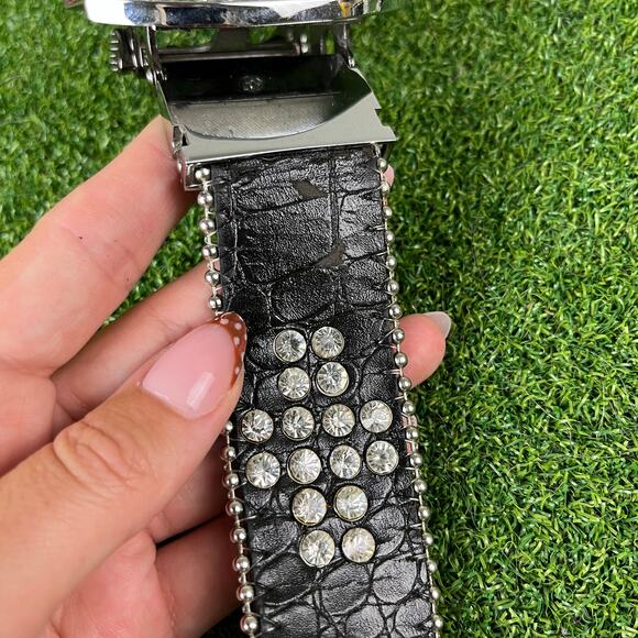 Y2K Punk Black Crystal Studded Buckle Western Belt